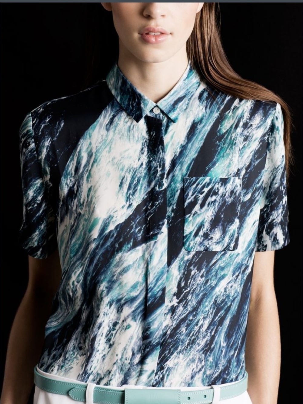 & Other Stories Short-Sleeve Button-Down in Teal, Navy and White